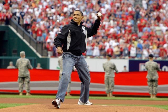 President Obama, throwing the ceremonial first pitch at the All Star game